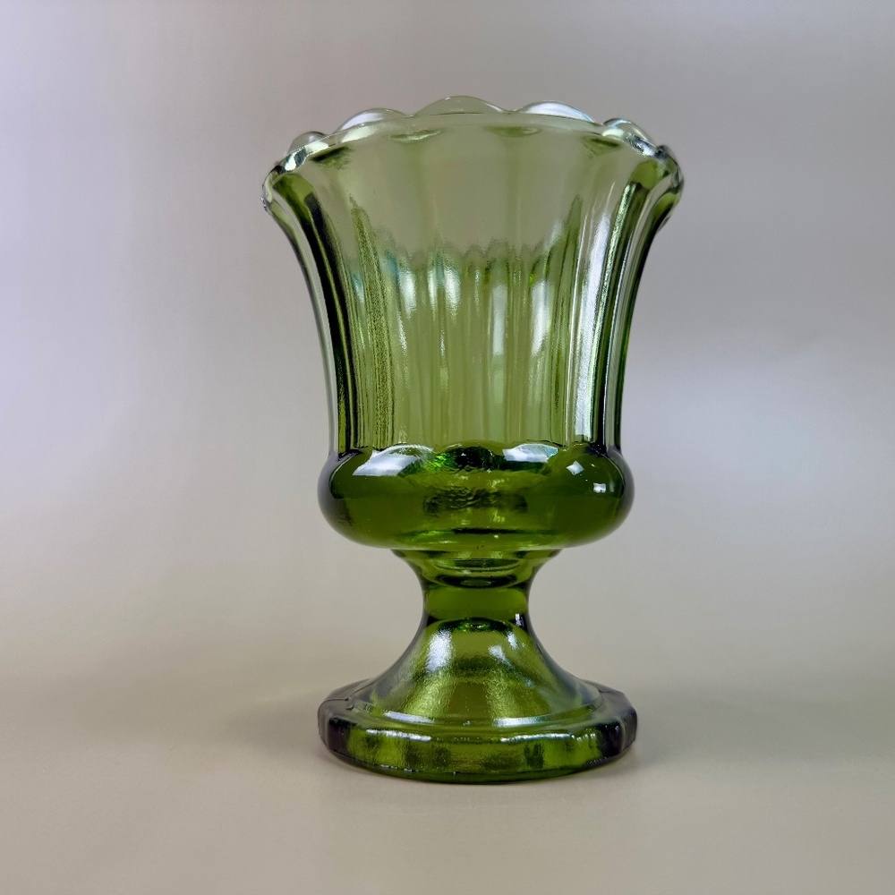 Vintage Avocado Green Pedestal Vase | Fluted Pressed Glass | Lenox Style - Picture 6 of 11